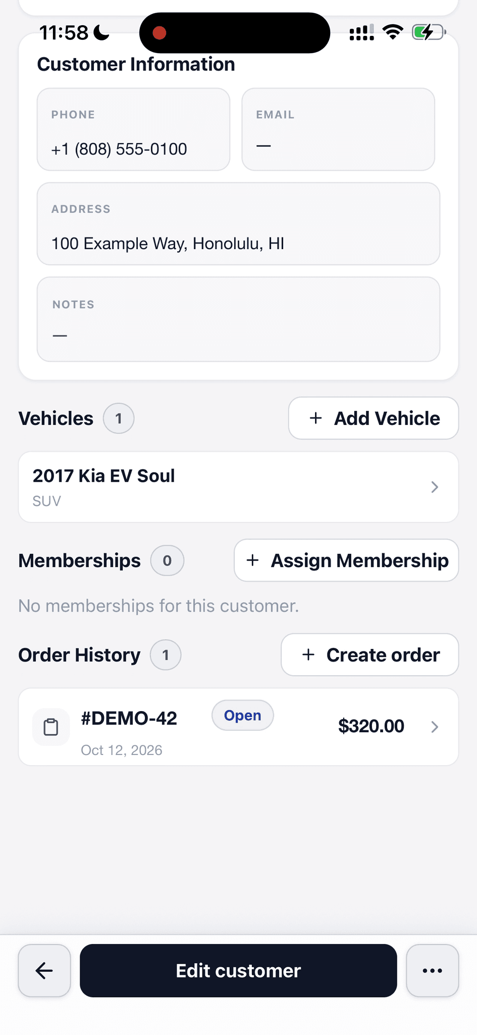 Fictional customer record showing a vehicle, memberships, and a sample order in the customer's history