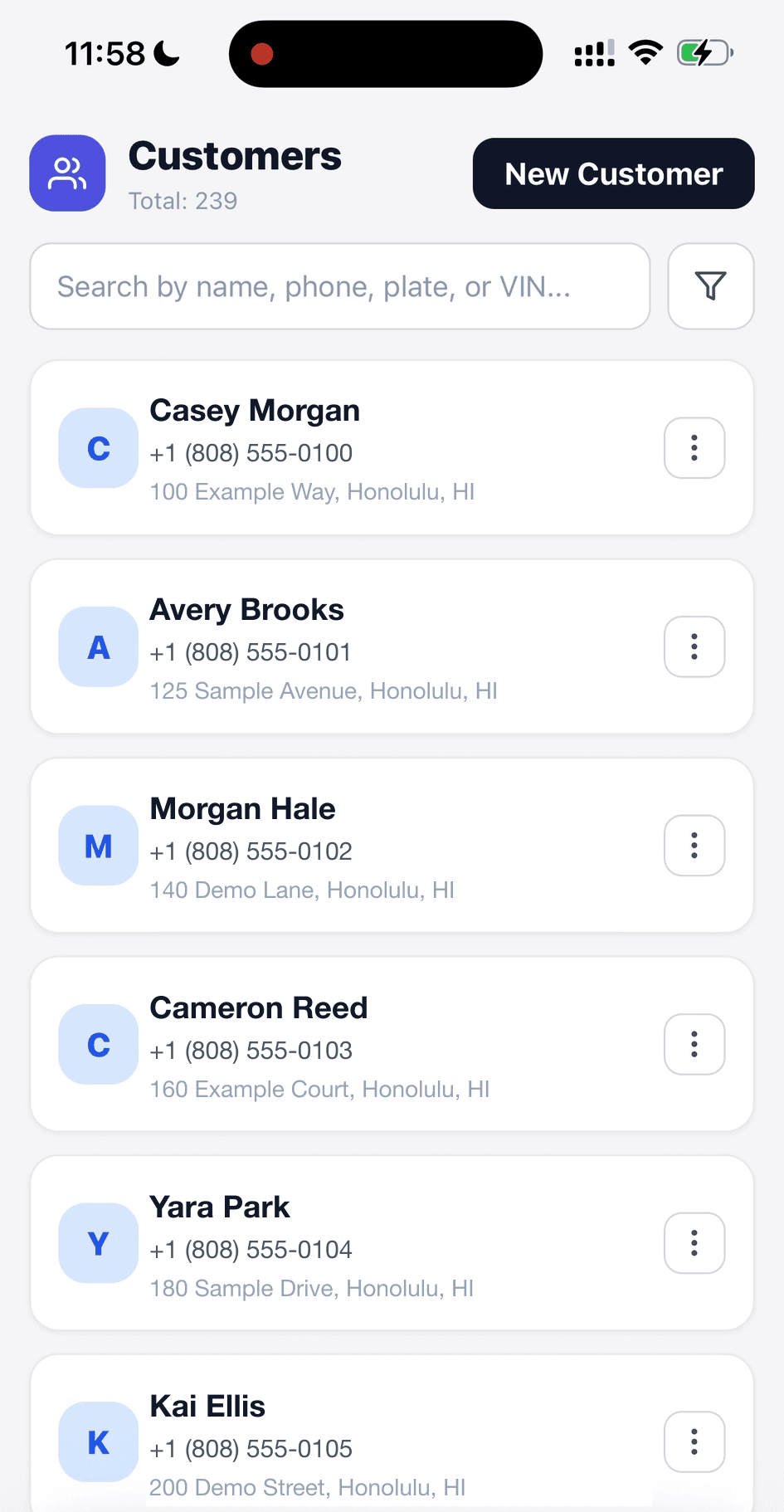 Customer list with fictional names, reserved example phone numbers, sample addresses, and search by name, phone, plate, or VIN