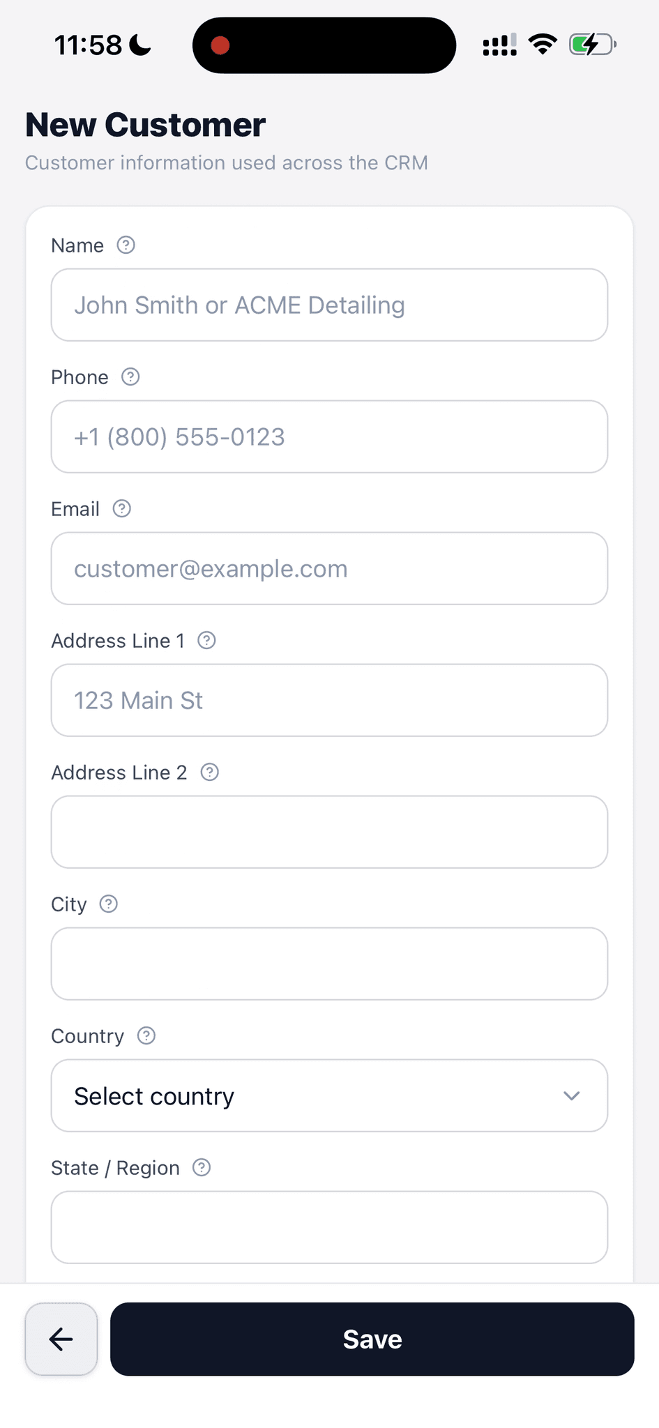 New customer form with name, phone, email, and address fields