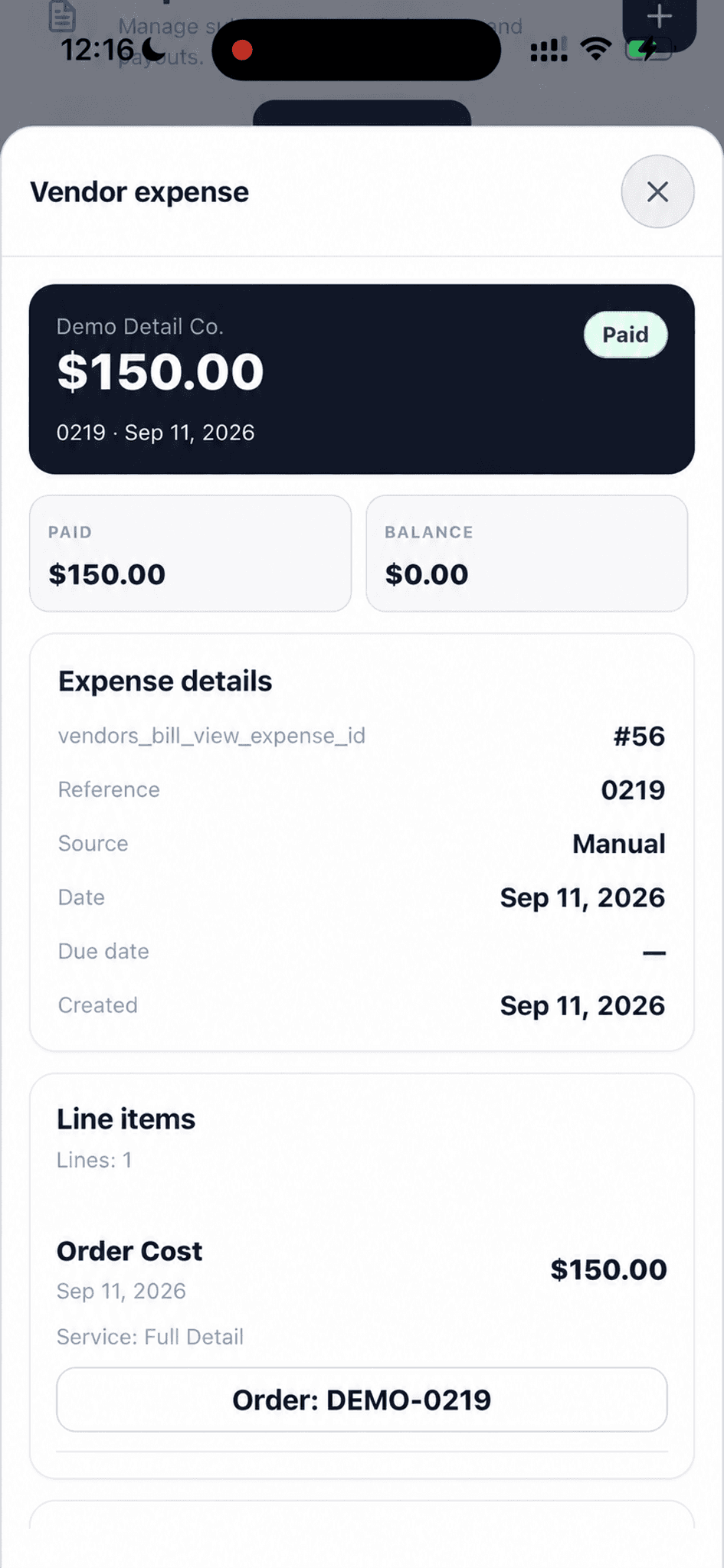 Paid vendor expense with a fictional vendor, demonstration order reference, balance, source, and linked order cost