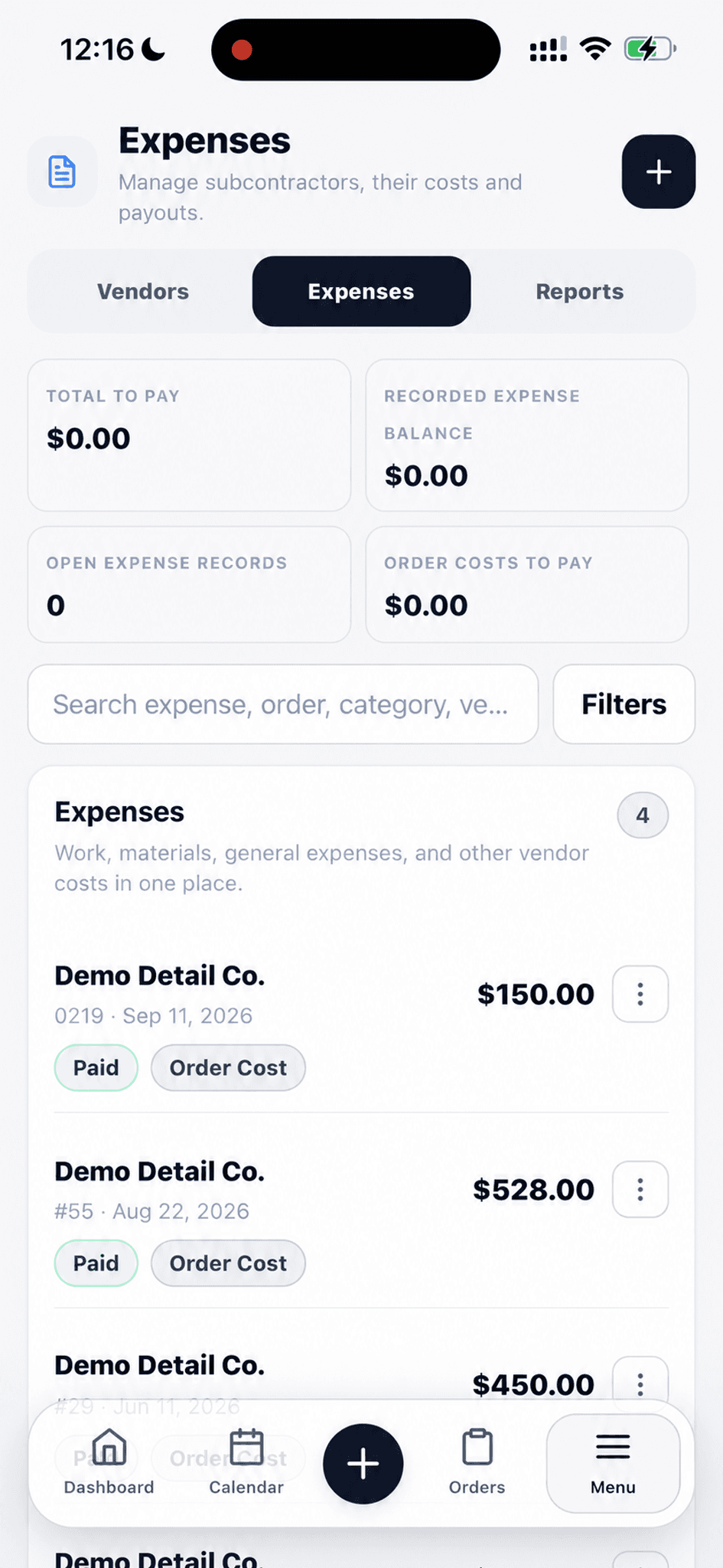 Expenses list showing paid order costs, dates, totals, balances, search, and filters for a fictional vendor