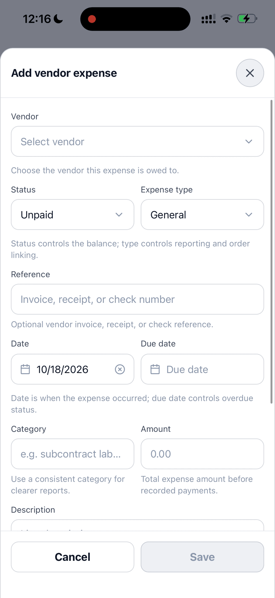 New vendor expense form with vendor, payment status, expense type, reference, dates, category, and amount