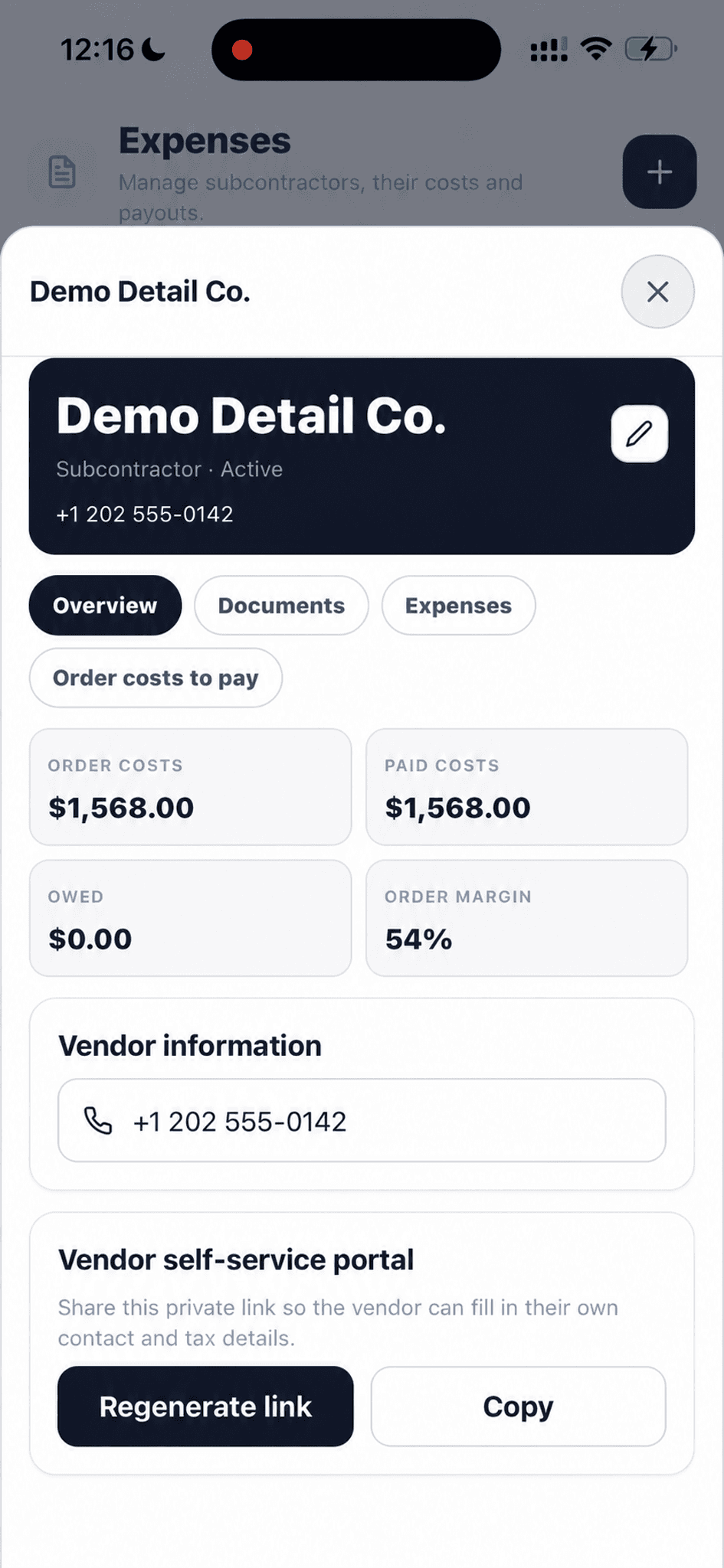 Fictional vendor record showing order costs, paid costs, amount owed, order margin, contact, and self-service portal