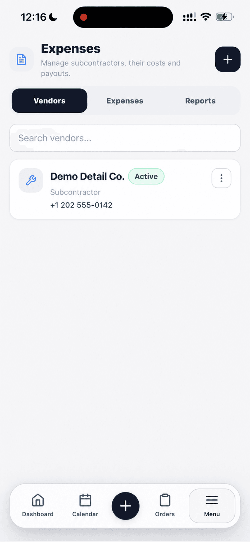 Expenses vendor list with a fictional subcontractor and reserved demonstration phone number