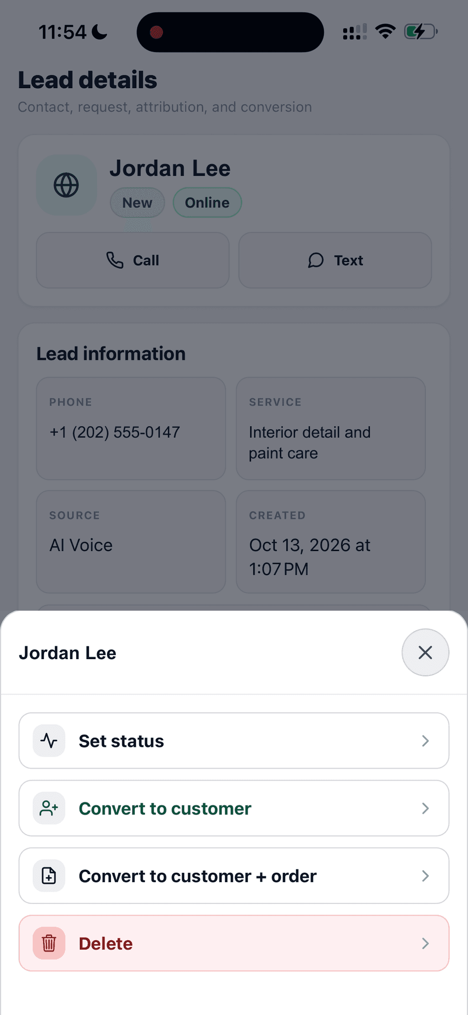 Lead action menu for setting status or converting a lead into a customer or work order