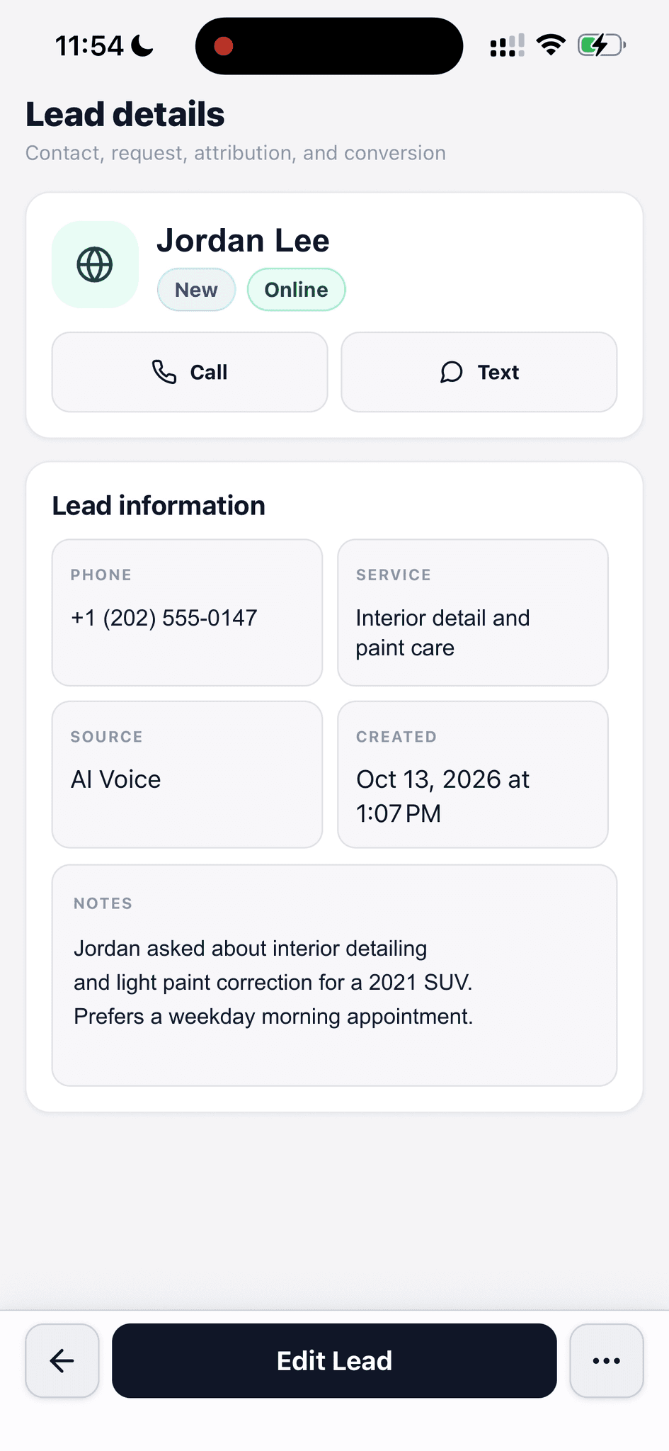 Detailing lead record with fictional contact information, requested service, source, and notes