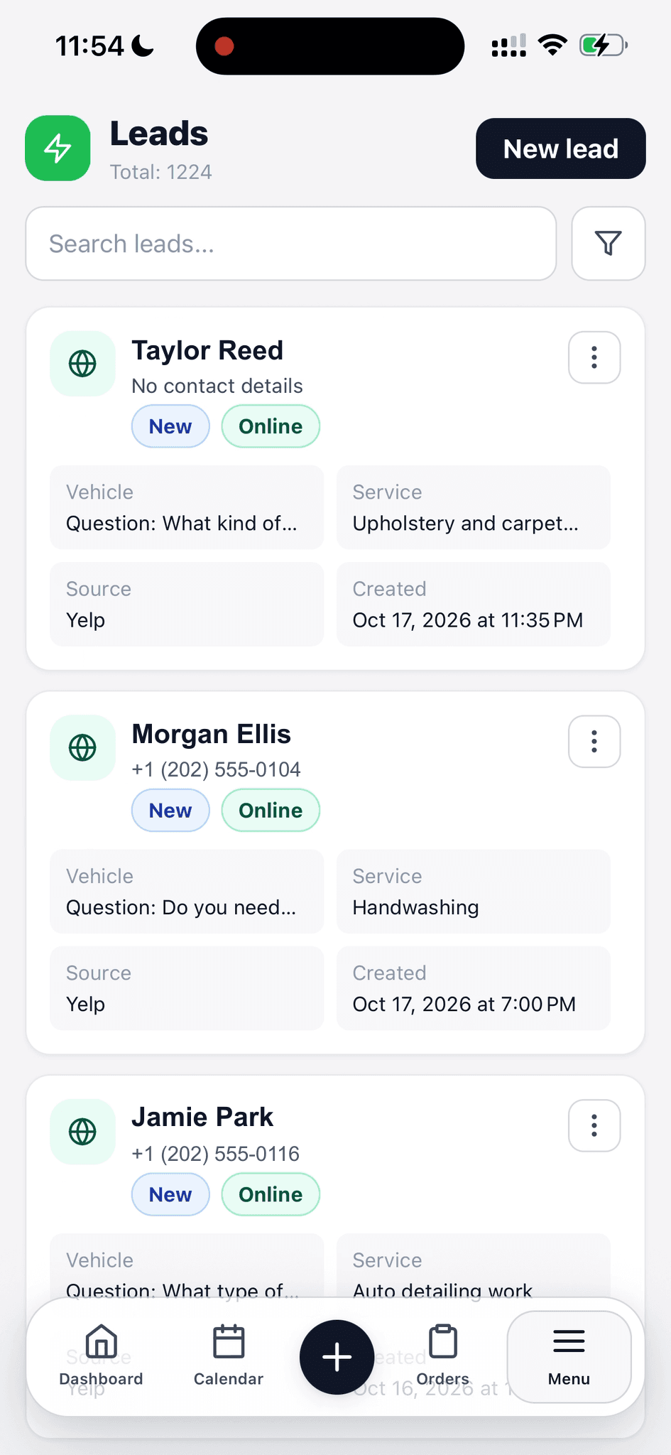 Detailing lead inbox with fictional names and phone numbers, request status, service, and source
