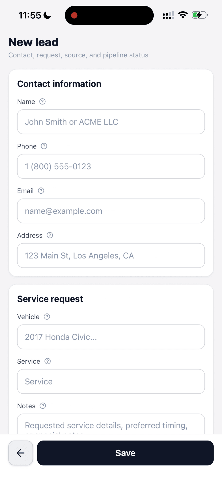 New lead form with contact, vehicle, service, and notes fields