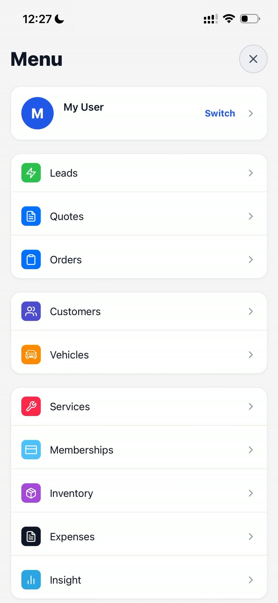 Auto Detailing CRM mobile menu with leads, quotes, orders, customers, inventory, and reports