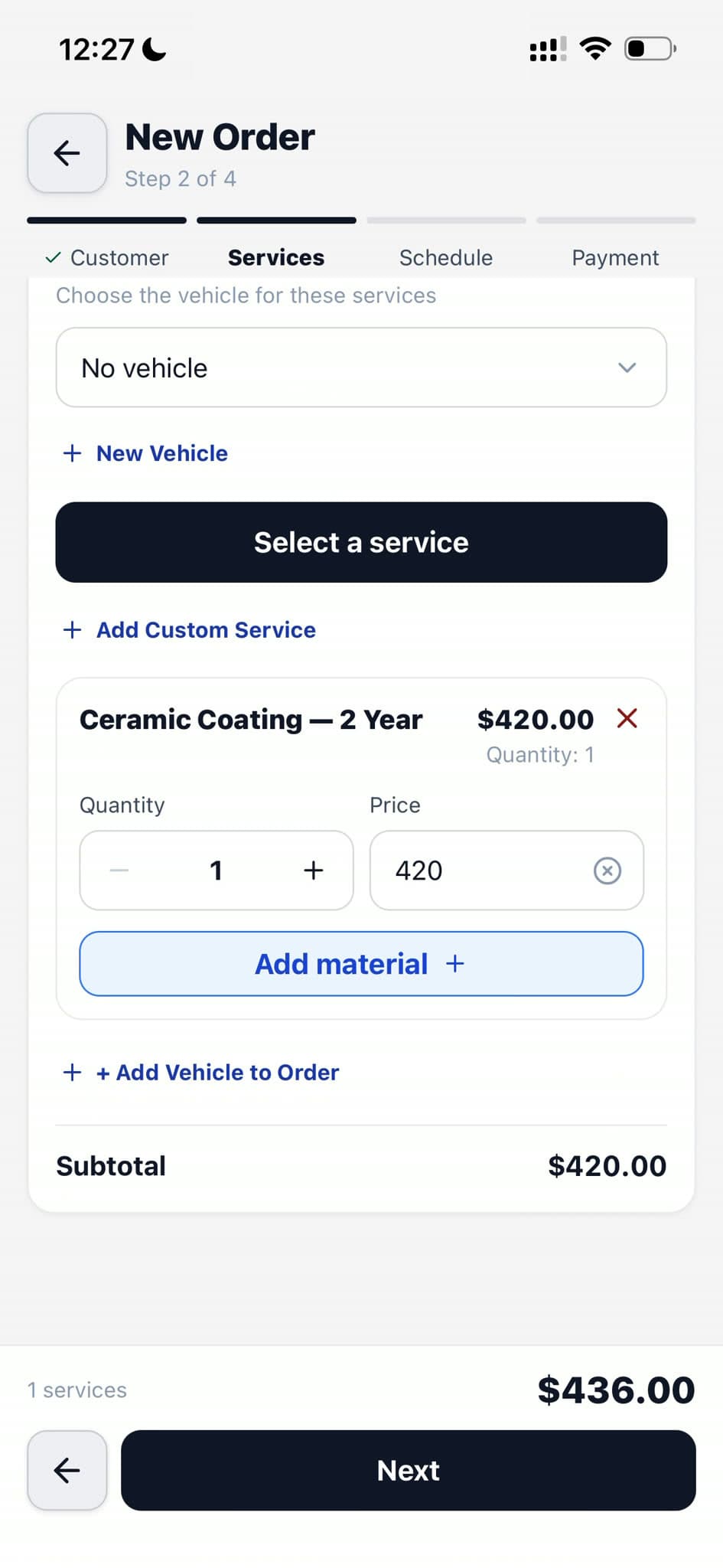 New detailing order showing selected service, price, quantity, and materials