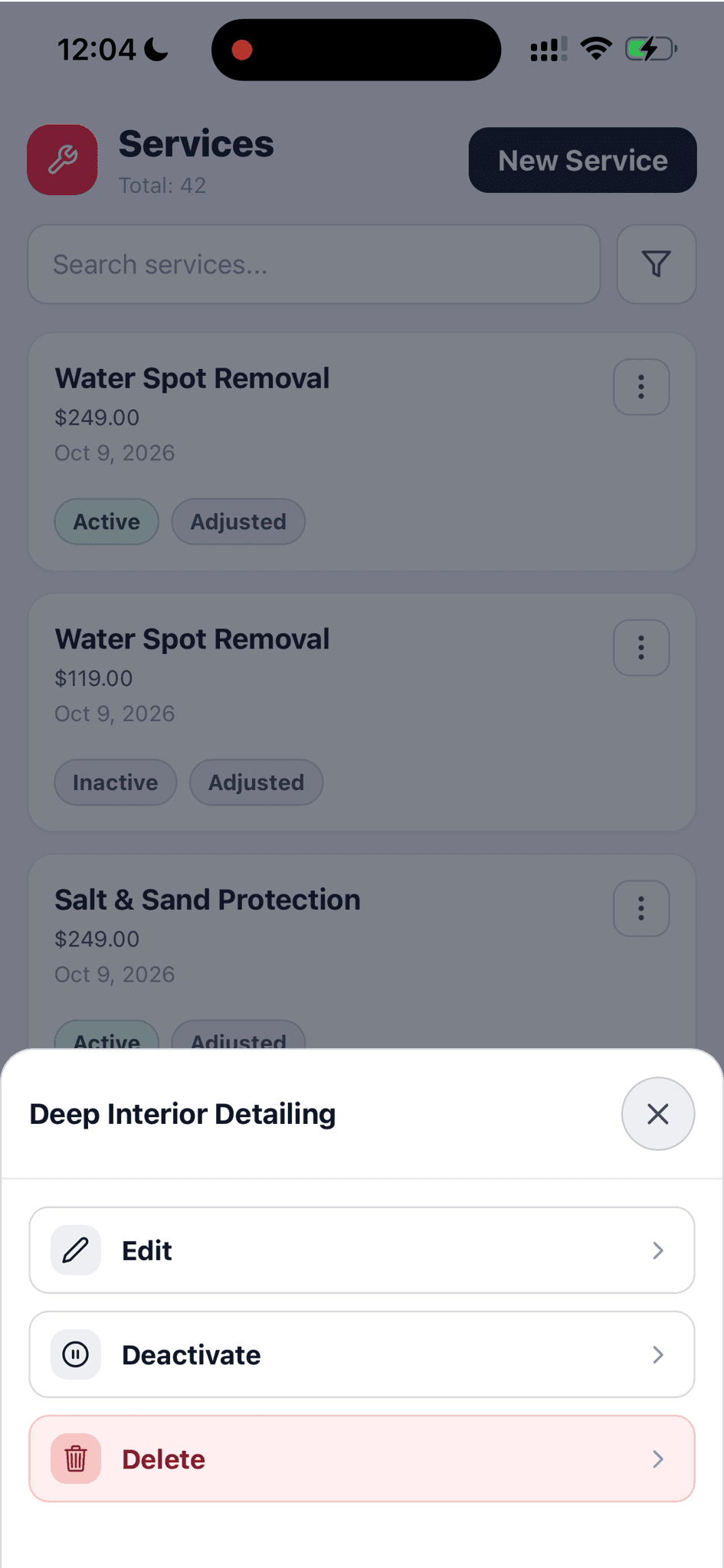 Service action menu with edit, deactivate, and delete options