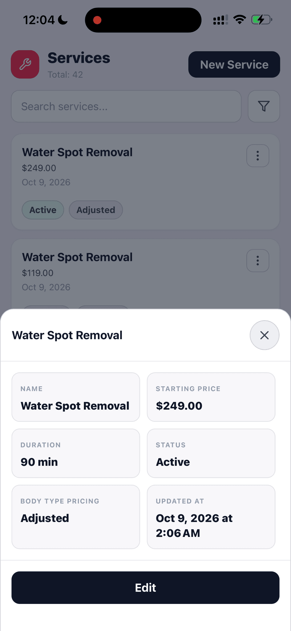 Service detail sheet showing starting price, duration, active status, body-type pricing, and edit action