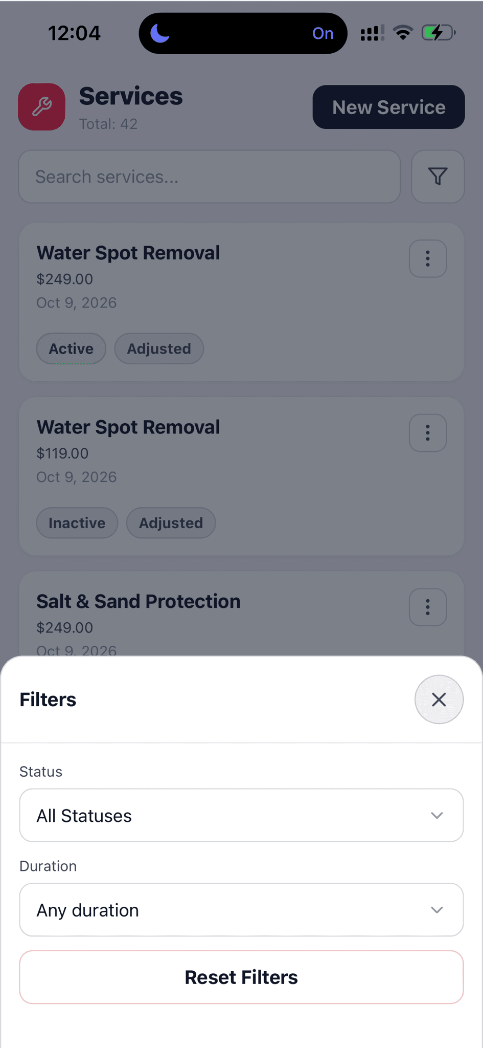 Service catalog filters for active status and service duration