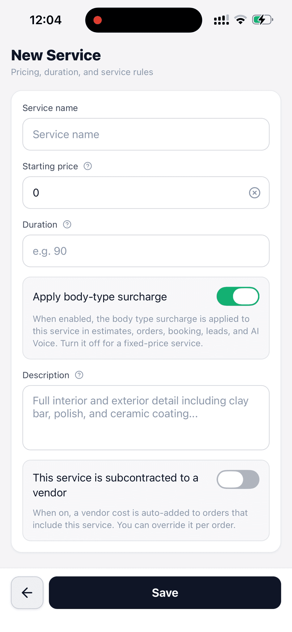 New detailing service form with name, starting price, duration, body-type surcharge, description, and vendor cost settings
