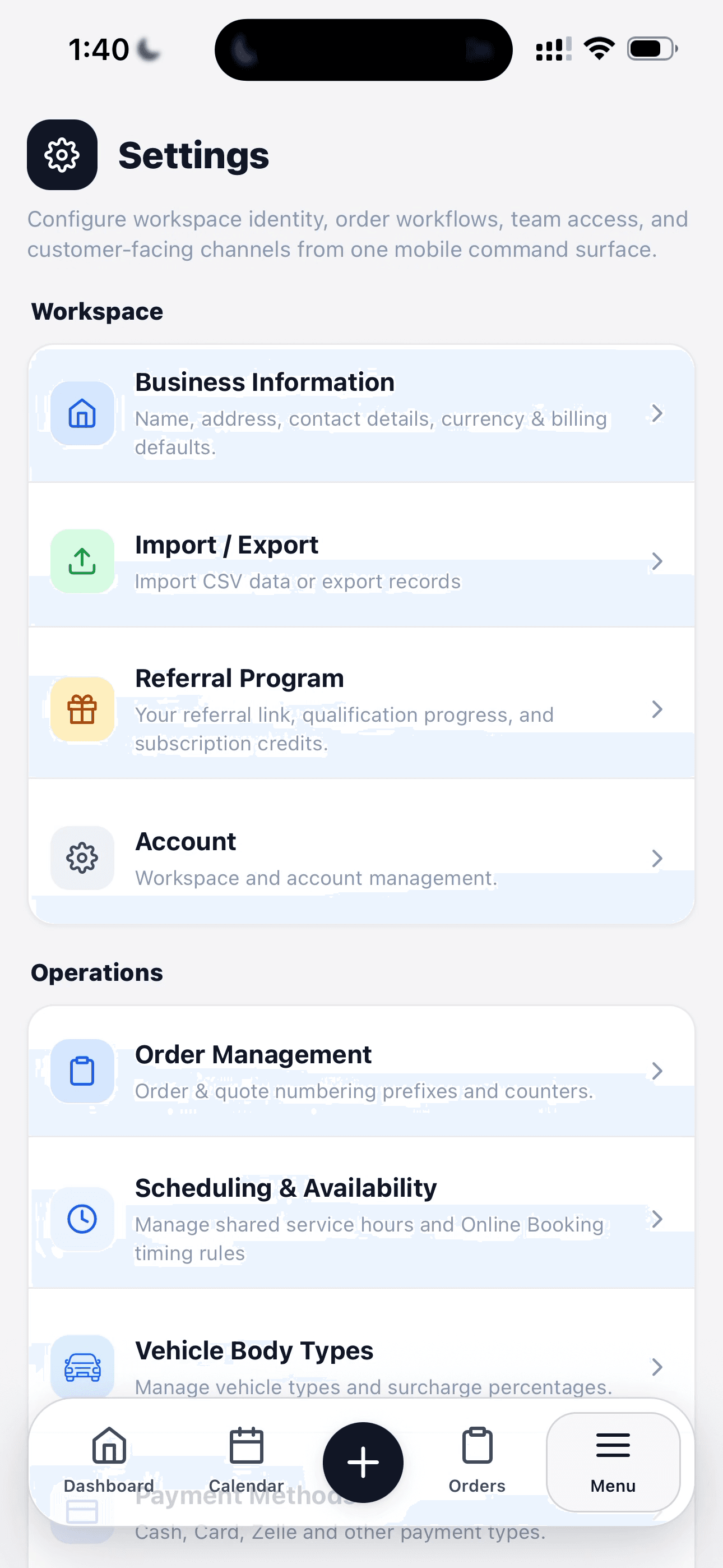 CRM Settings menu showing Business Information, Import / Export, referrals, and operations