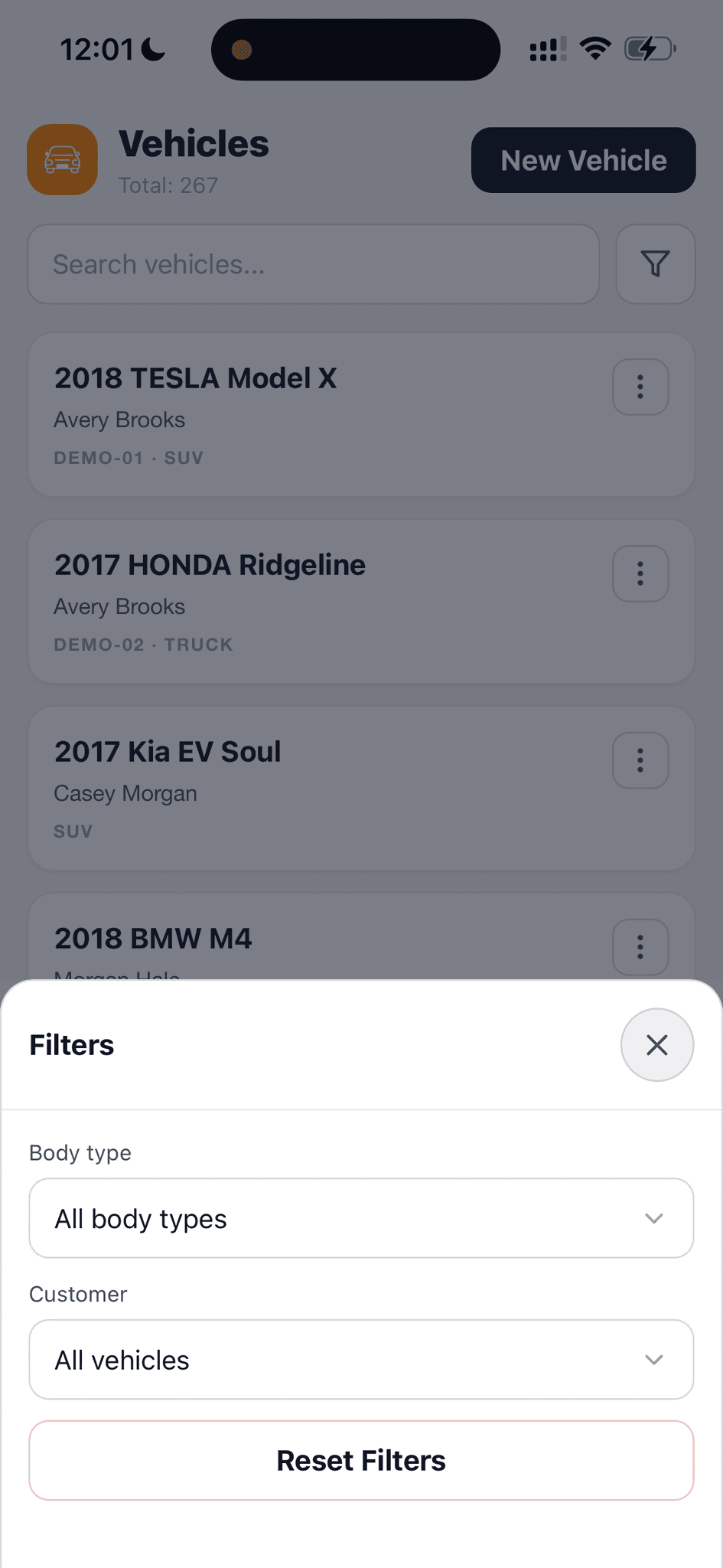 Vehicle list filter sheet for body type and customer over fictional vehicle records