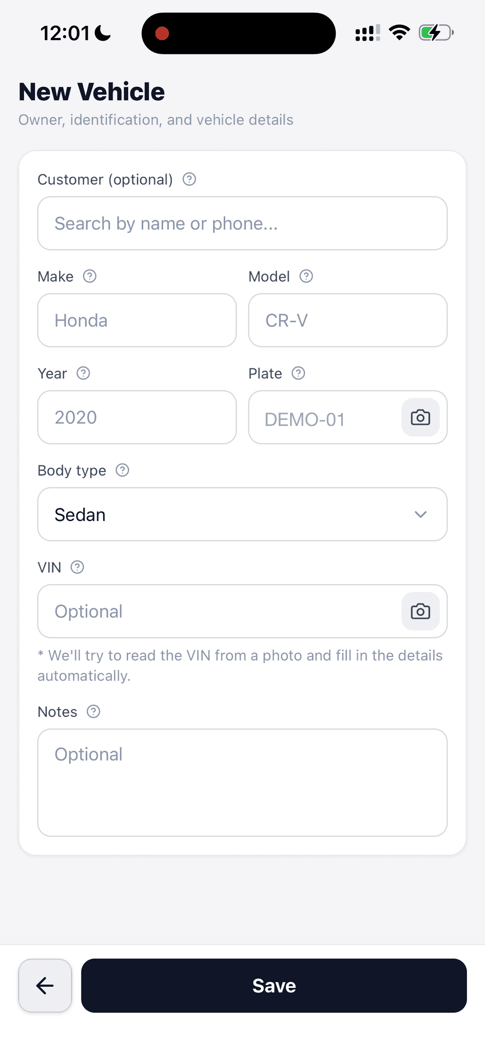 New vehicle form with optional owner, make, model, year, sample plate, body type, VIN photo controls, and notes