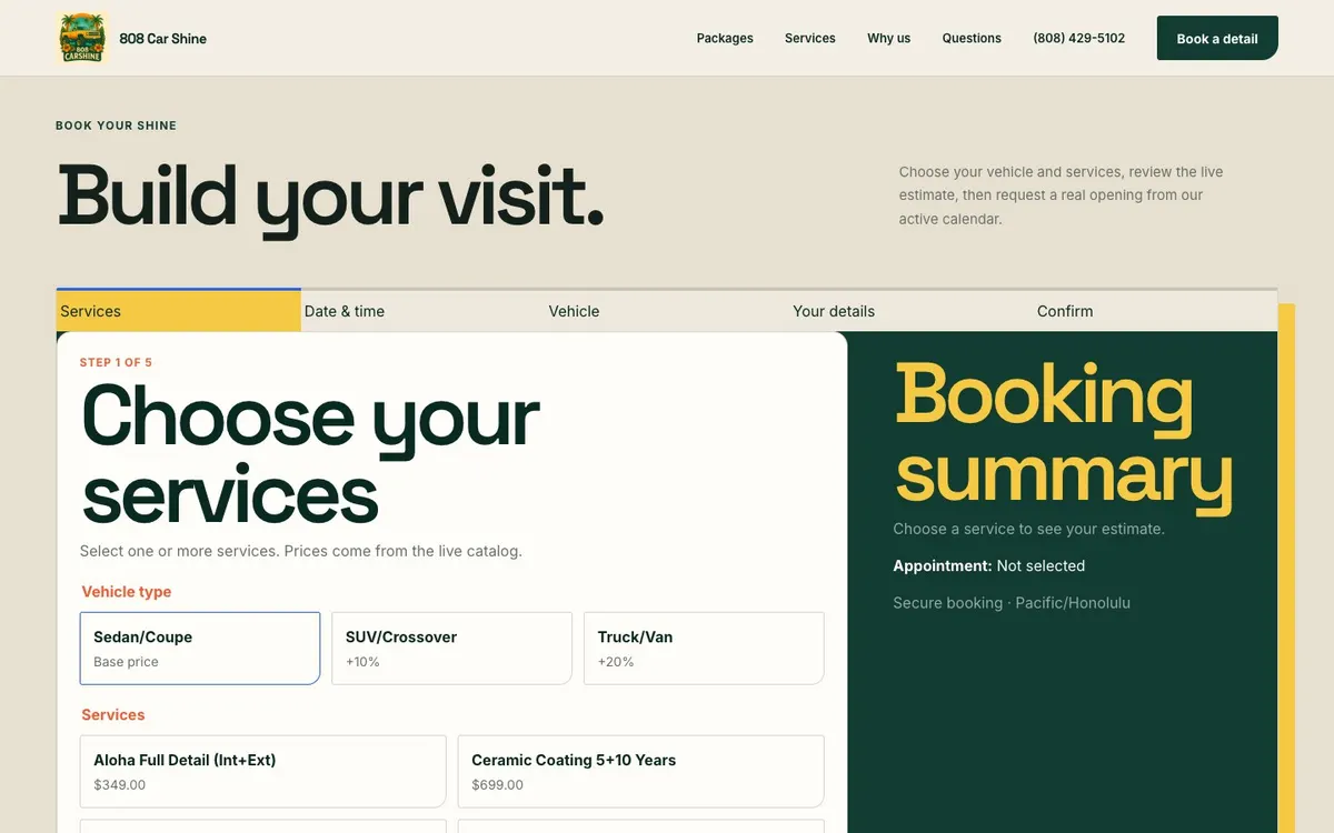 808 Car Shine booking flow: choose services, date and time, vehicle, details, confirm