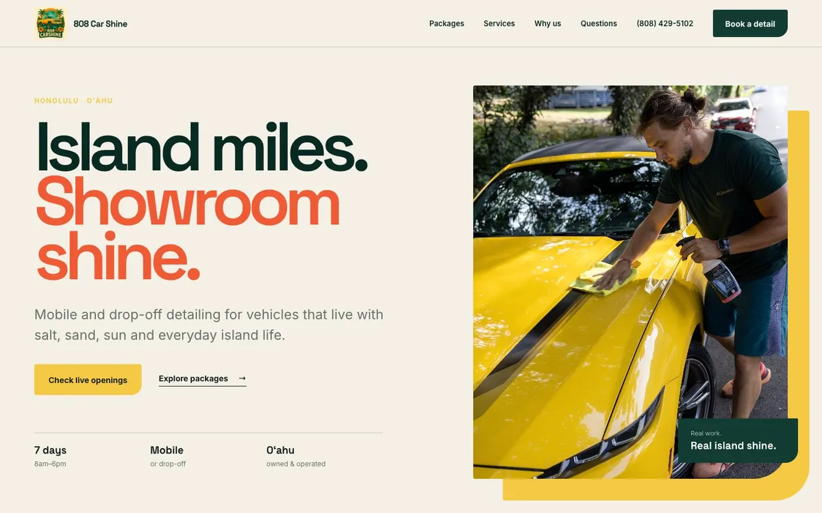 808 Car Shine home page: “Island miles. Showroom shine.”