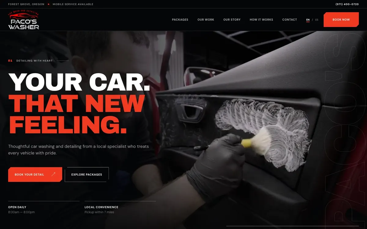 Car wash & detailing home page: “Your car. That new feeling.”
